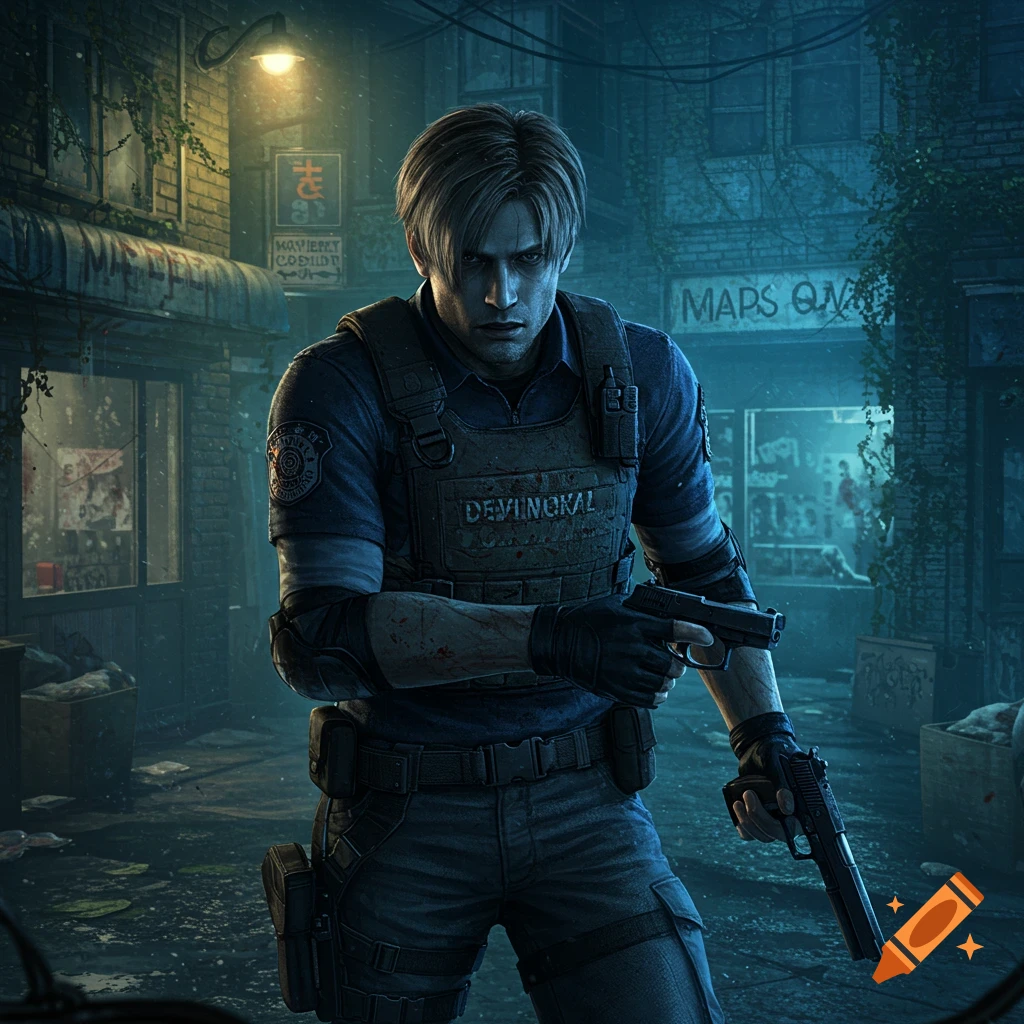 Leon S. Kennedy, a man with blond hair, in a blue tactical vest and gloves, holding two pistols in a dark, wet alleyway.