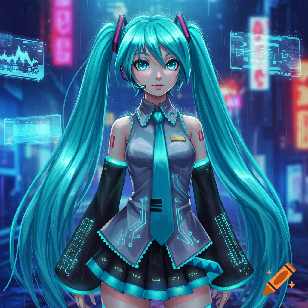 Hatsune Miku, an anime girl with long teal pigtails, stands in a futuristic cyberpunk city with neon signs and holographic displays.
