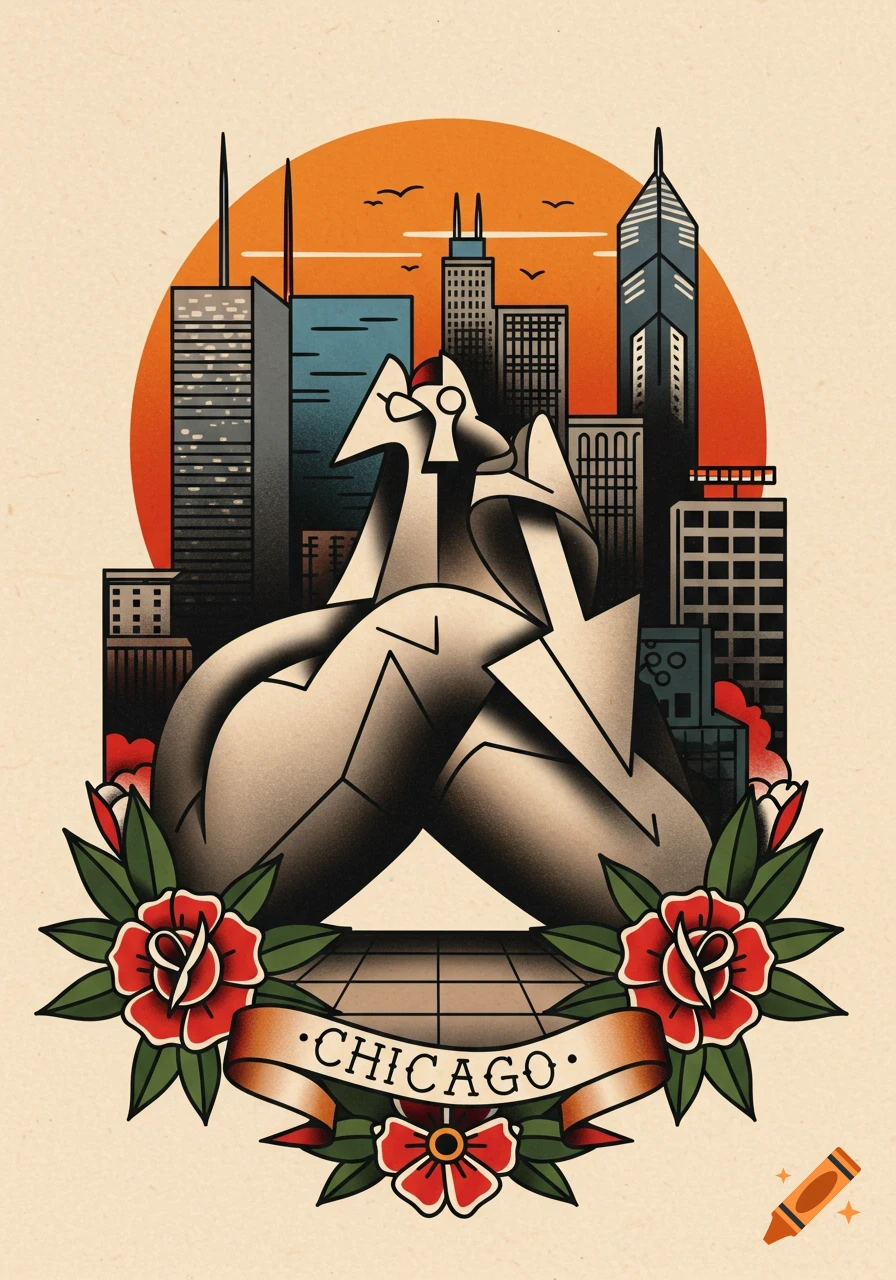 American traditional tattoo art of the Chicago Picasso sculpture with a city skyline and 'CHICAGO' banner.
