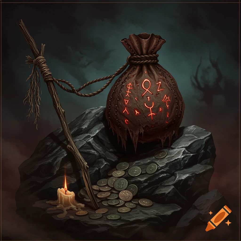 A glowing, runic hex bag on dark rocks with a candle, coins, and a staff under a dark sky with a shadowy demon in the background.