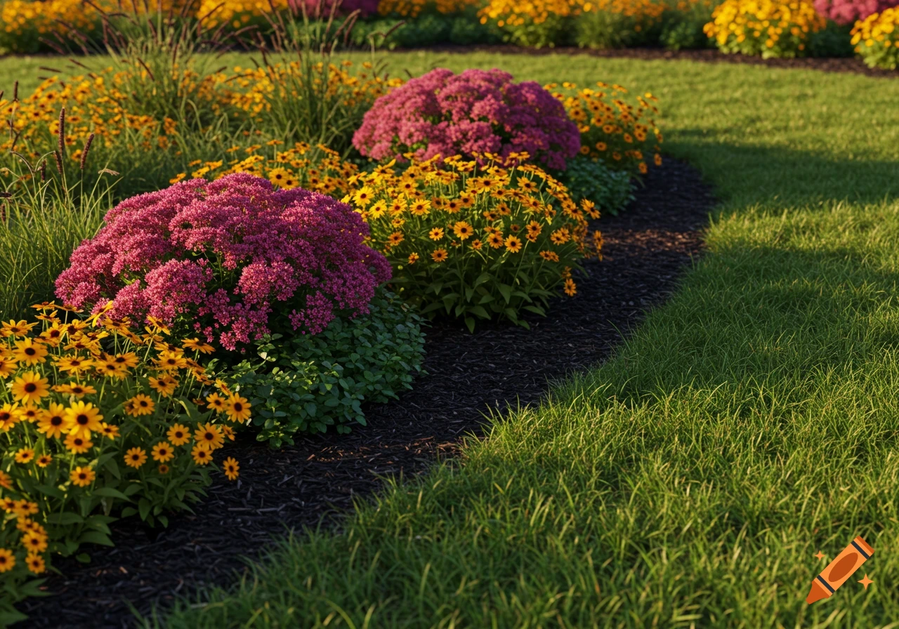 A vibrant garden bed featuring pink sedum and yellow rudbeckia flowers, bordered by dark mulch and lush green lawn in sunlight.