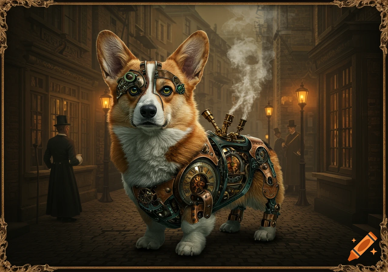 A clockwork Corgi dog with gears and pipes on its body stands on a cobblestone street in a steampunk city at night.