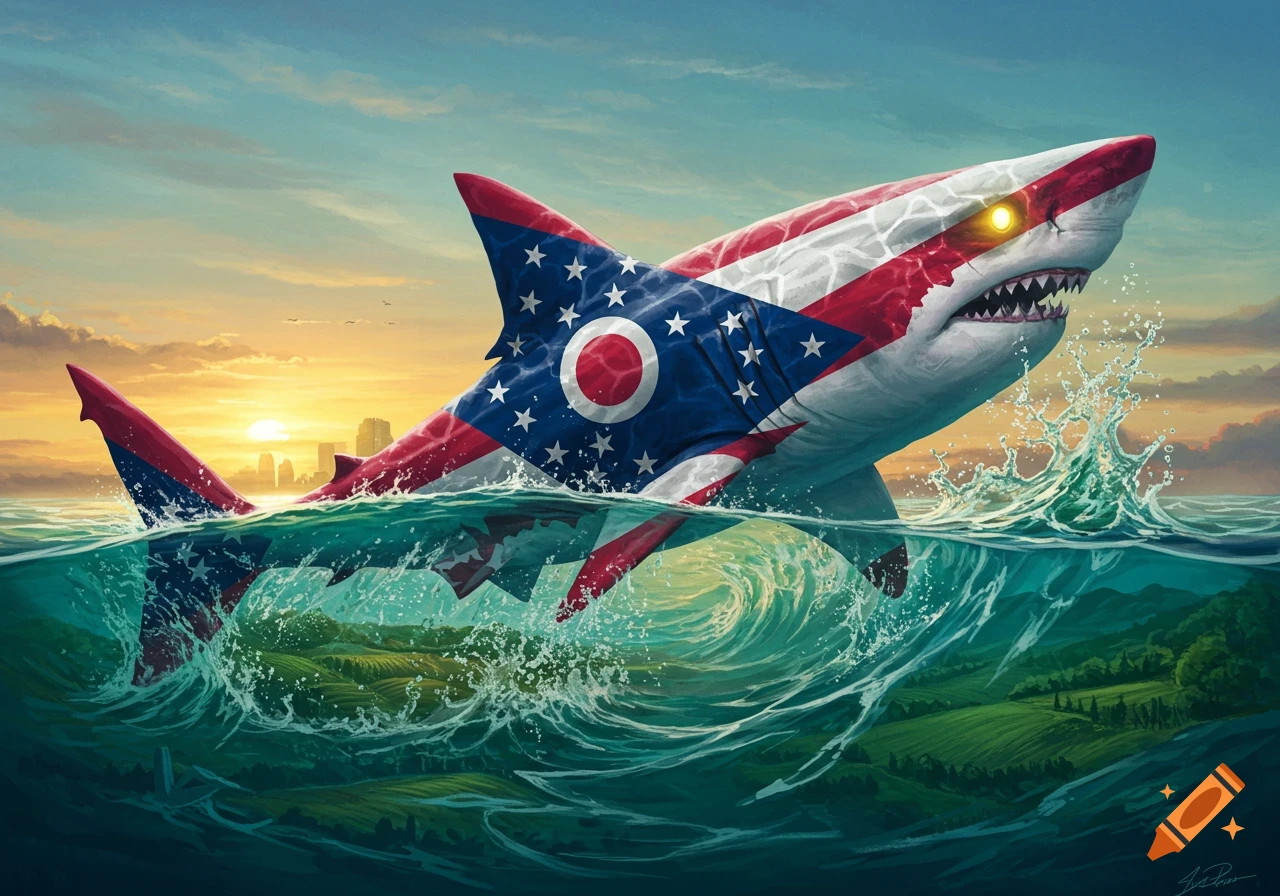 A majestic shark with the Ohio state flag pattern on its body leaps from the ocean, revealing a green landscape underwater, at sunset.
