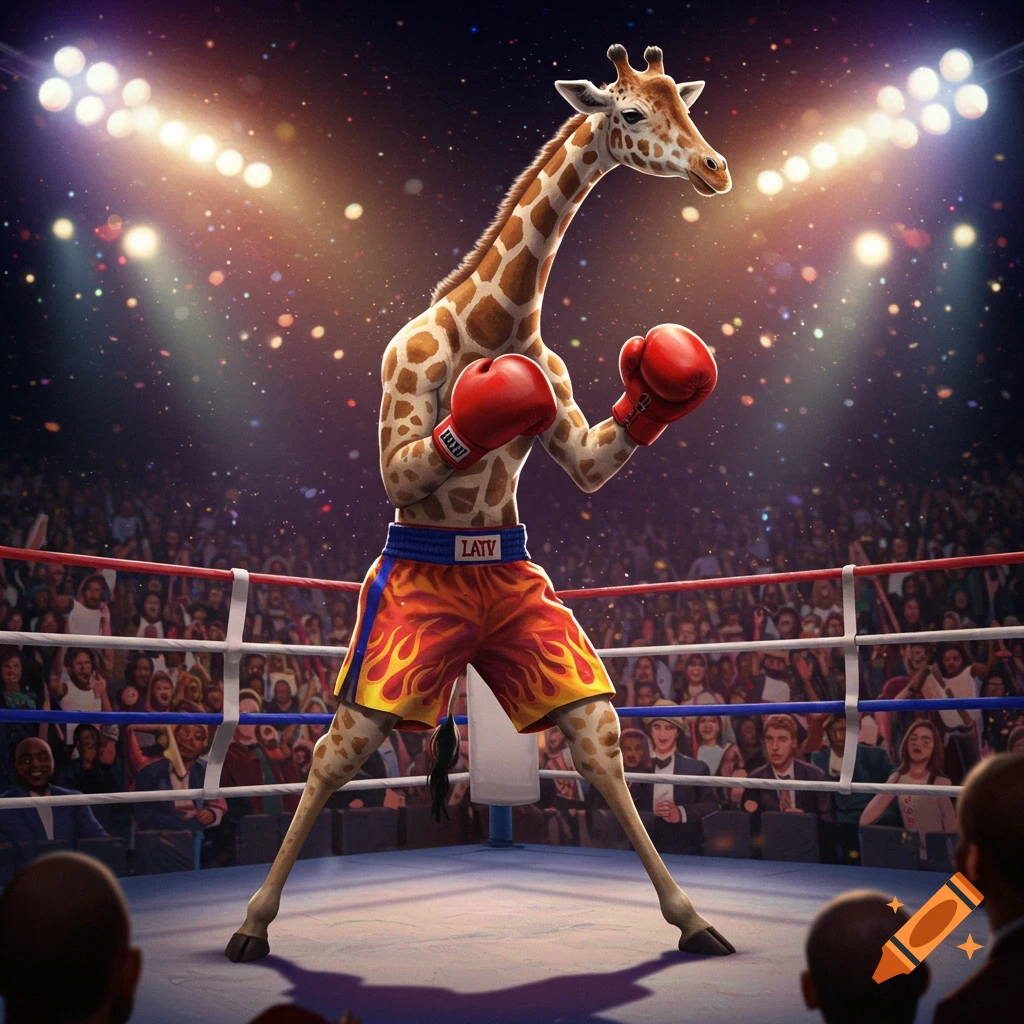 A photorealistic giraffe wearing red boxing gloves and orange shorts with flames stands in a boxing ring, facing forward with a crowd in the background.