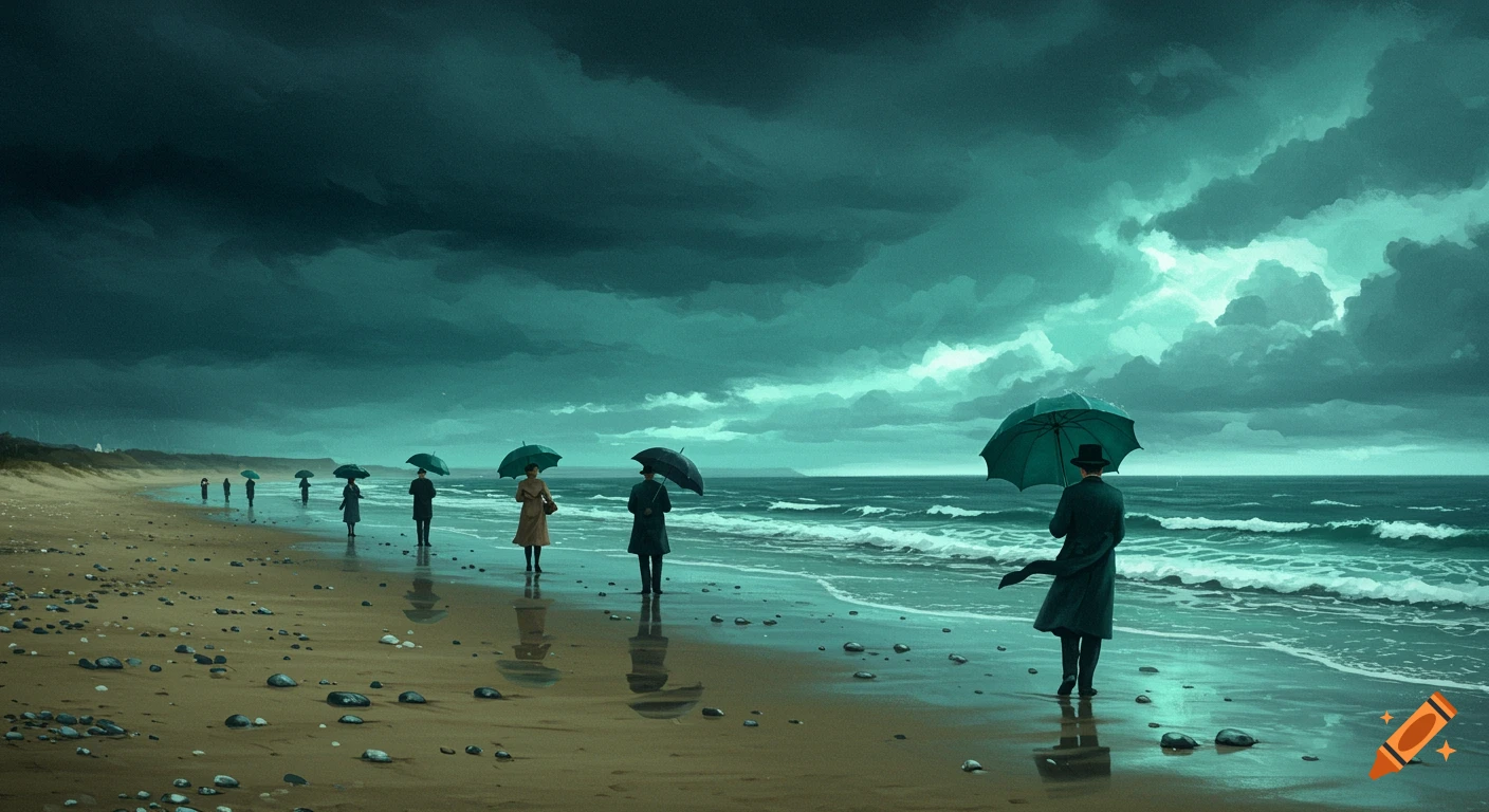 People with umbrellas on a wide, stormy beach under a dark teal sky, in a painting style.