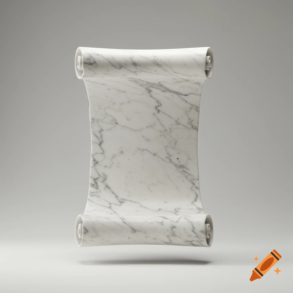 A white Carrara marble scroll stands upright on a light gray background.