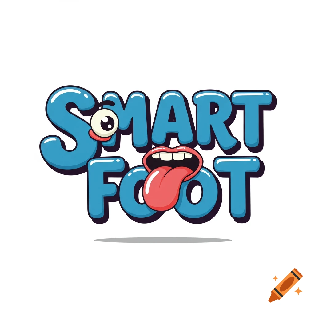 A blue and black stylized logo for "SMART FOOT" with a cartoon eye on the 'A' of SMART and a cartoon mouth with a tongue on the 'OO' of FOOT.