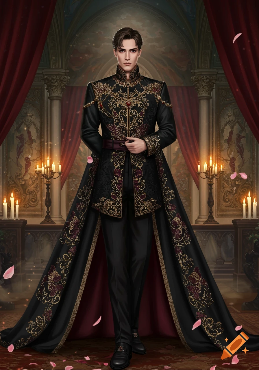 A man in a lavish black and gold fantasy coat with a long train stands in a grand candlelit hall with red curtains and scattered pink petals.