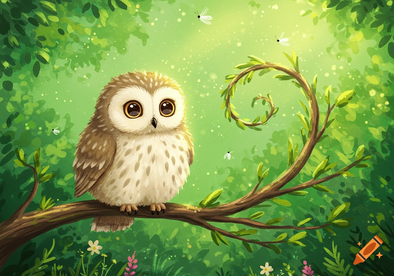 A cute, big-eyed owl perches on a tree branch in a vibrant green, illustrated forest.