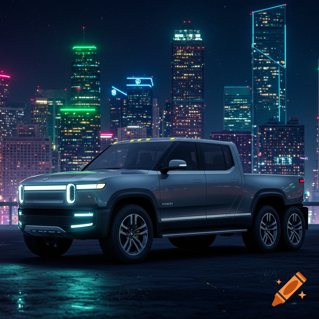 Photorealistic image of a grey electric pickup truck with six wheels in a neon-lit cityscape at night.