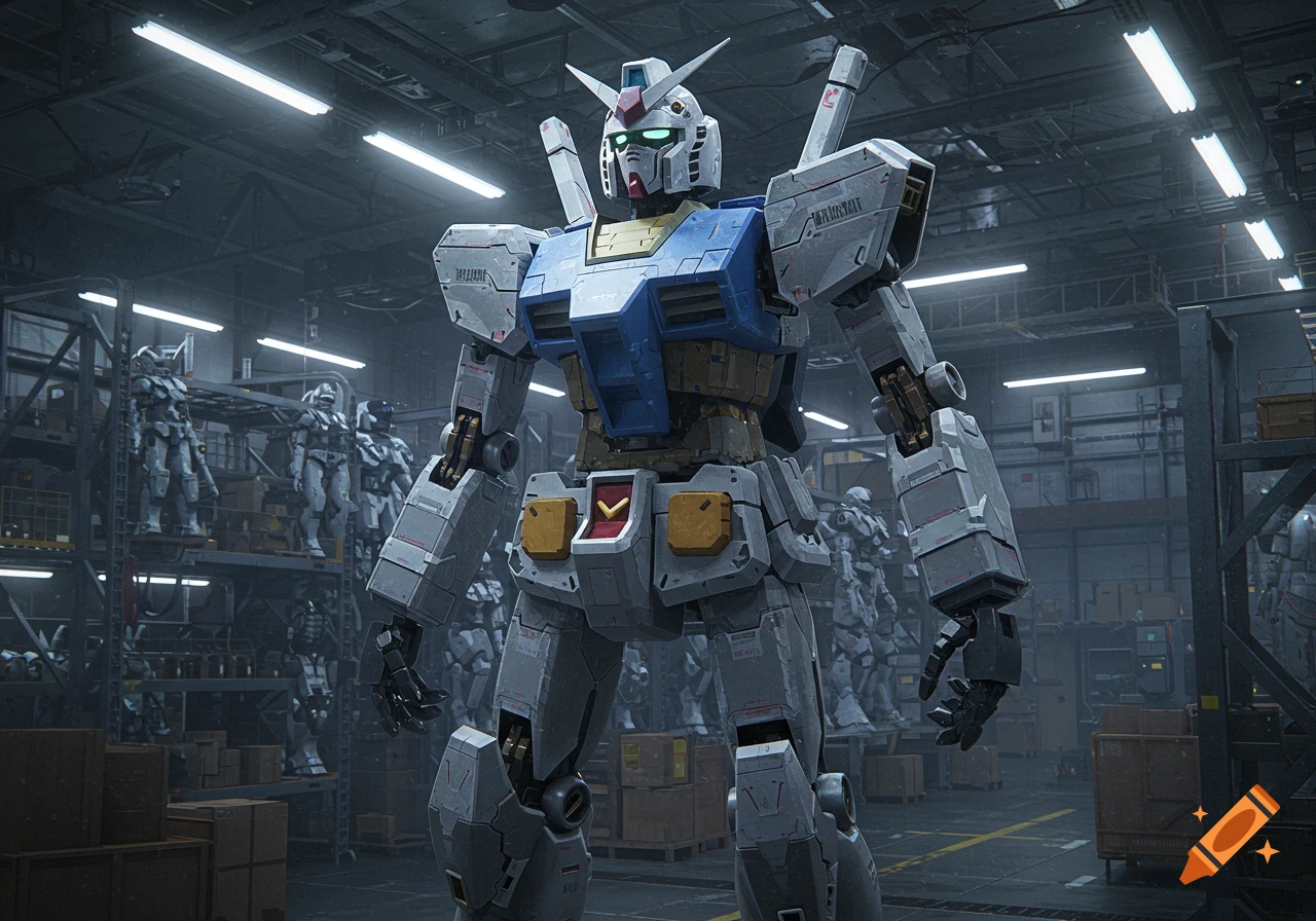 A large, grey and blue Gundam-style robot stands in a dimly lit military storage complex with other robots on shelves in the background, 3D render.