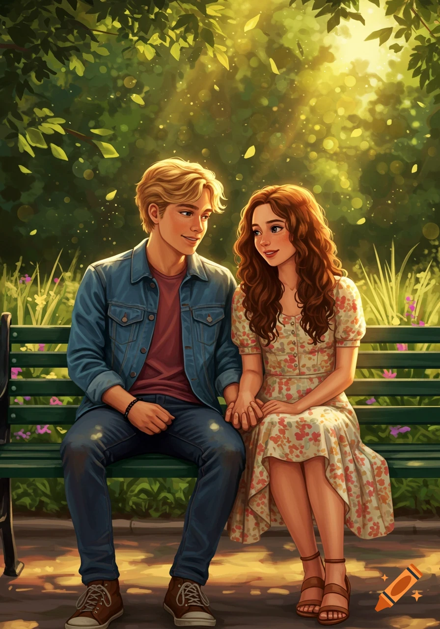 An illustrated young couple sits on a park bench, holding hands, under a sunlit canopy of green leaves.
