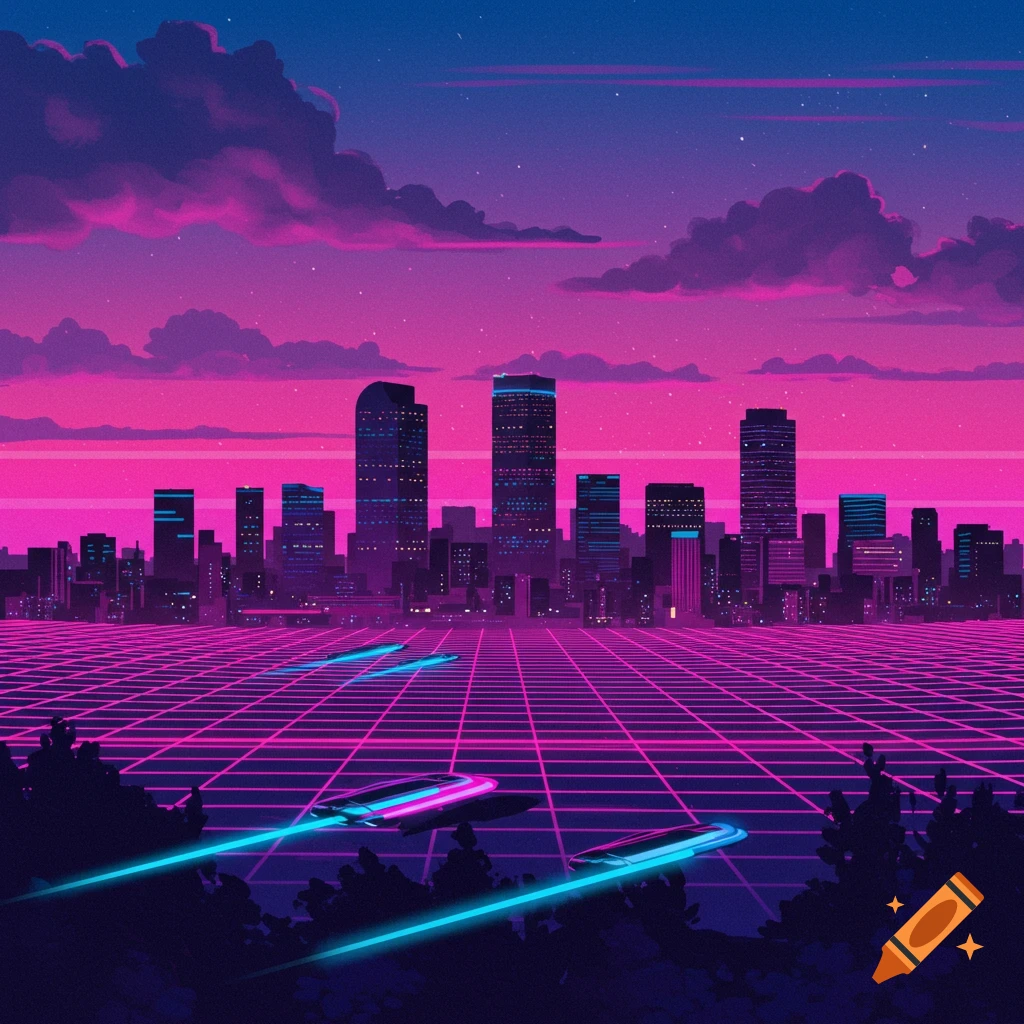 A vibrant synthwave cityscape at sunset with pink and purple skies, a neon grid, and flying futuristic vehicles.