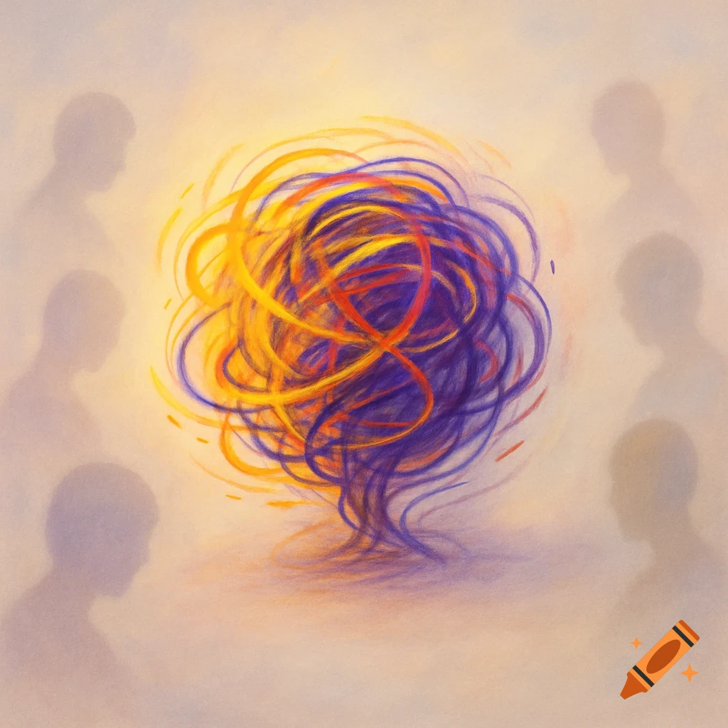 Abstract illustration of a glowing, tangled swirl of orange, yellow, red, and purple lines, surrounded by faint human silhouettes.