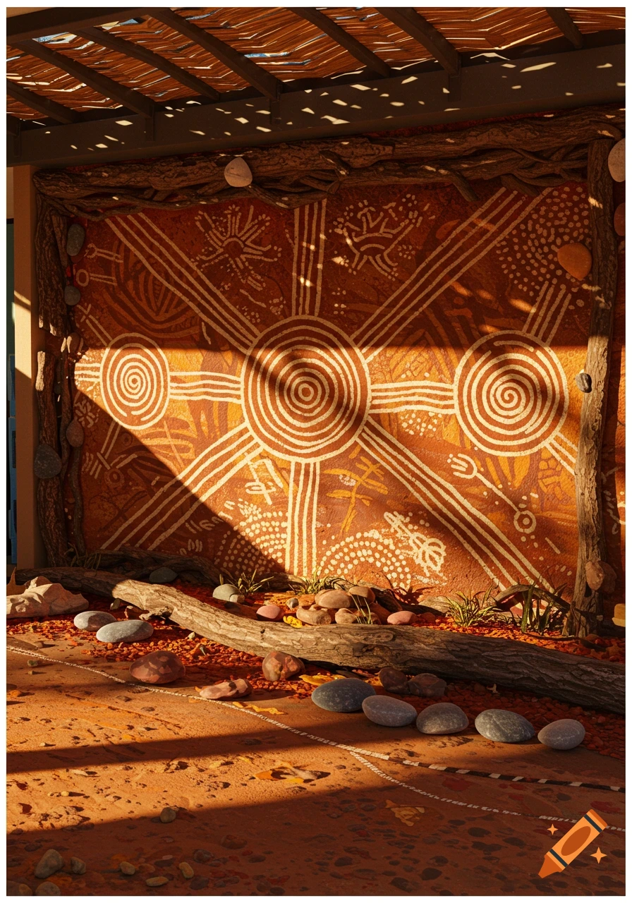 A photorealistic mural with white Australian Aboriginal symbols on an earthy red-brown wall, framed by wood and stones, beneath a shaded thatched roof.