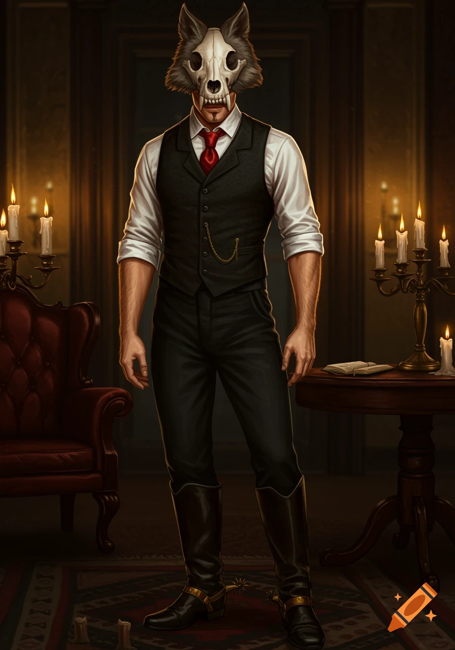 Man in dark suit, white shirt, and red tie with a wolf skull mask standing in a dim, ornate room.