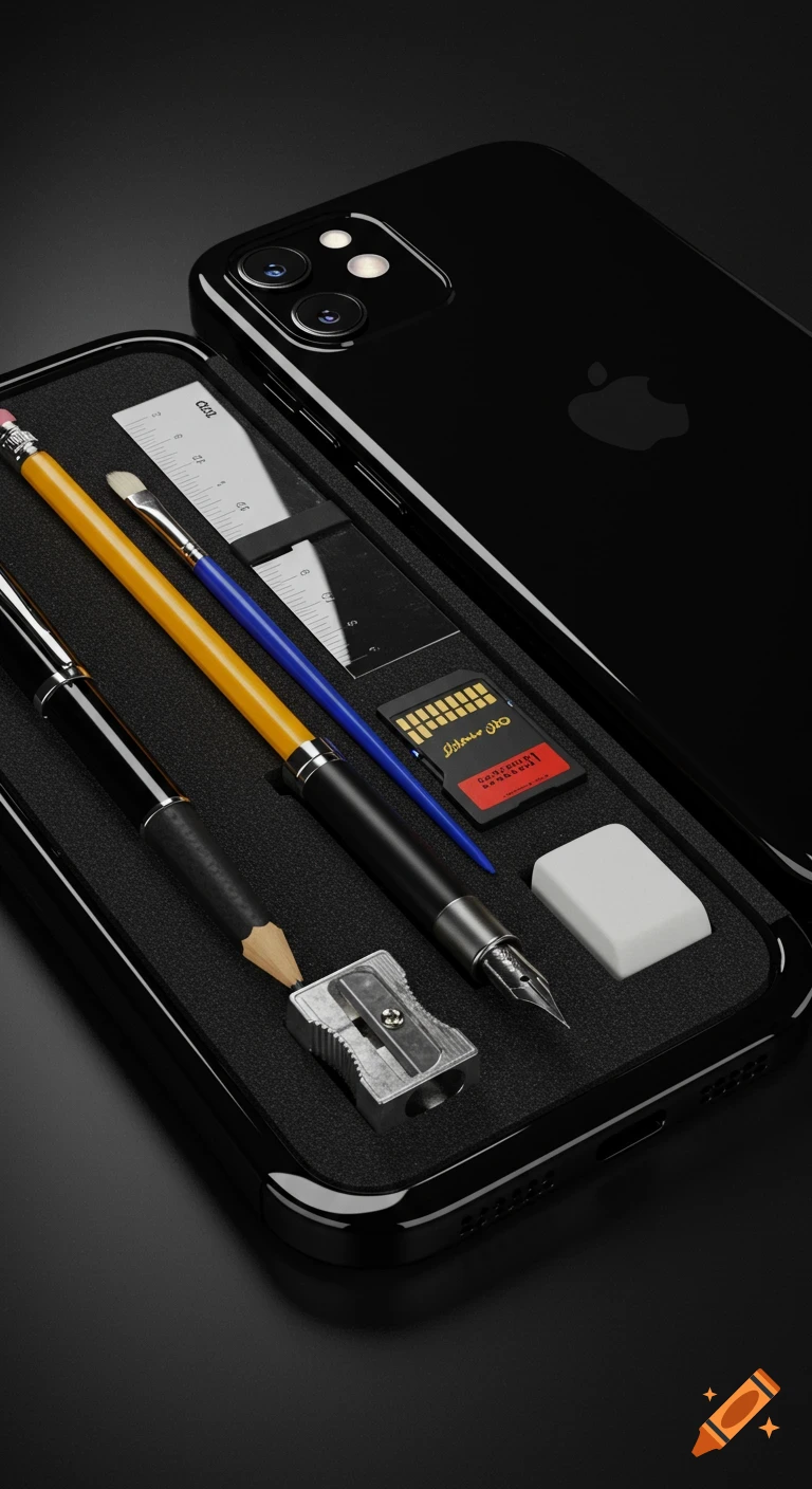 High-resolution 3D render of an open iPhone-shaped pencil case revealing a pencil, fountain pen, paintbrush, ruler, eraser, sharpener, and SD card on dark foam padding.