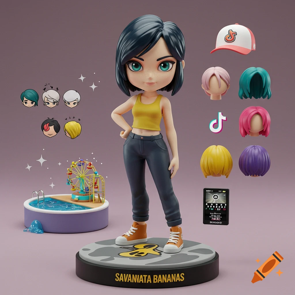 A stylized 3D render of a female action figure with dark hair, a yellow tank top, and dark pants, surrounded by interchangeable hairpieces, a baseball cap, a TikTok logo, a miniature Ferris wheel, and a swimming pool.