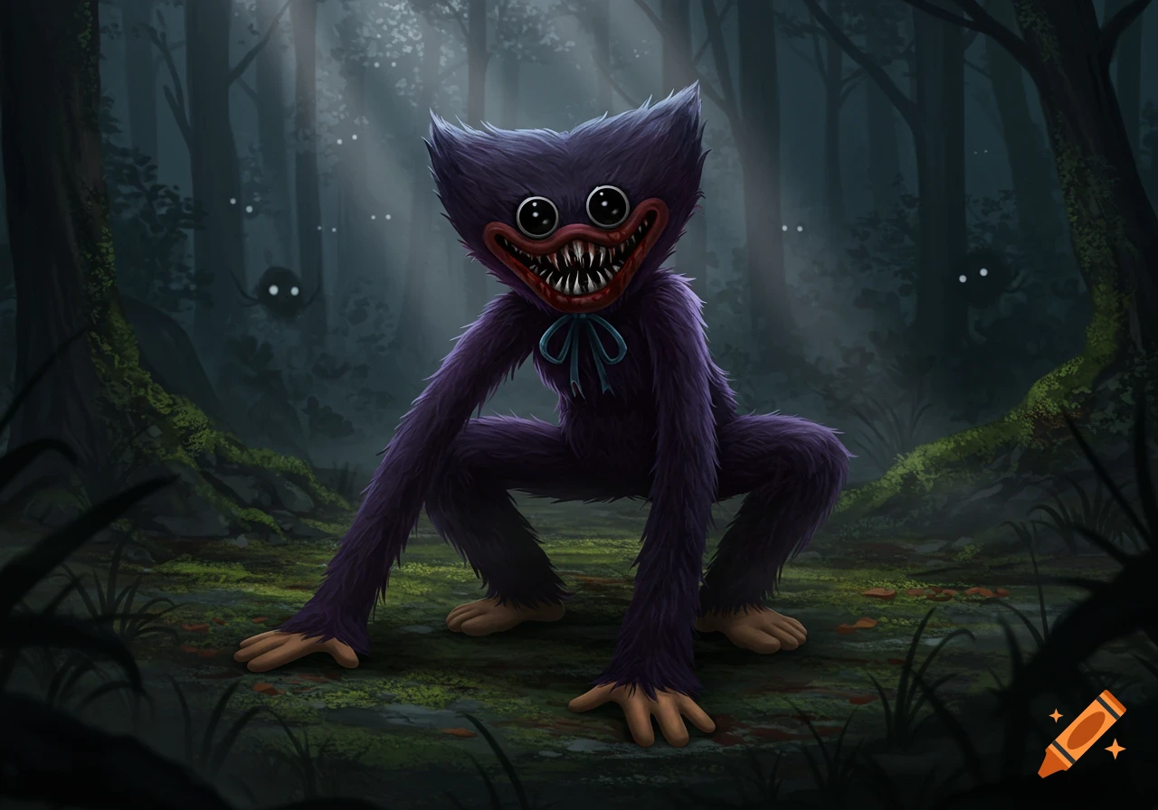Purple furry monster with a wide, bloody-toothed grin crouching in a dark forest, small glowing eyes in background.