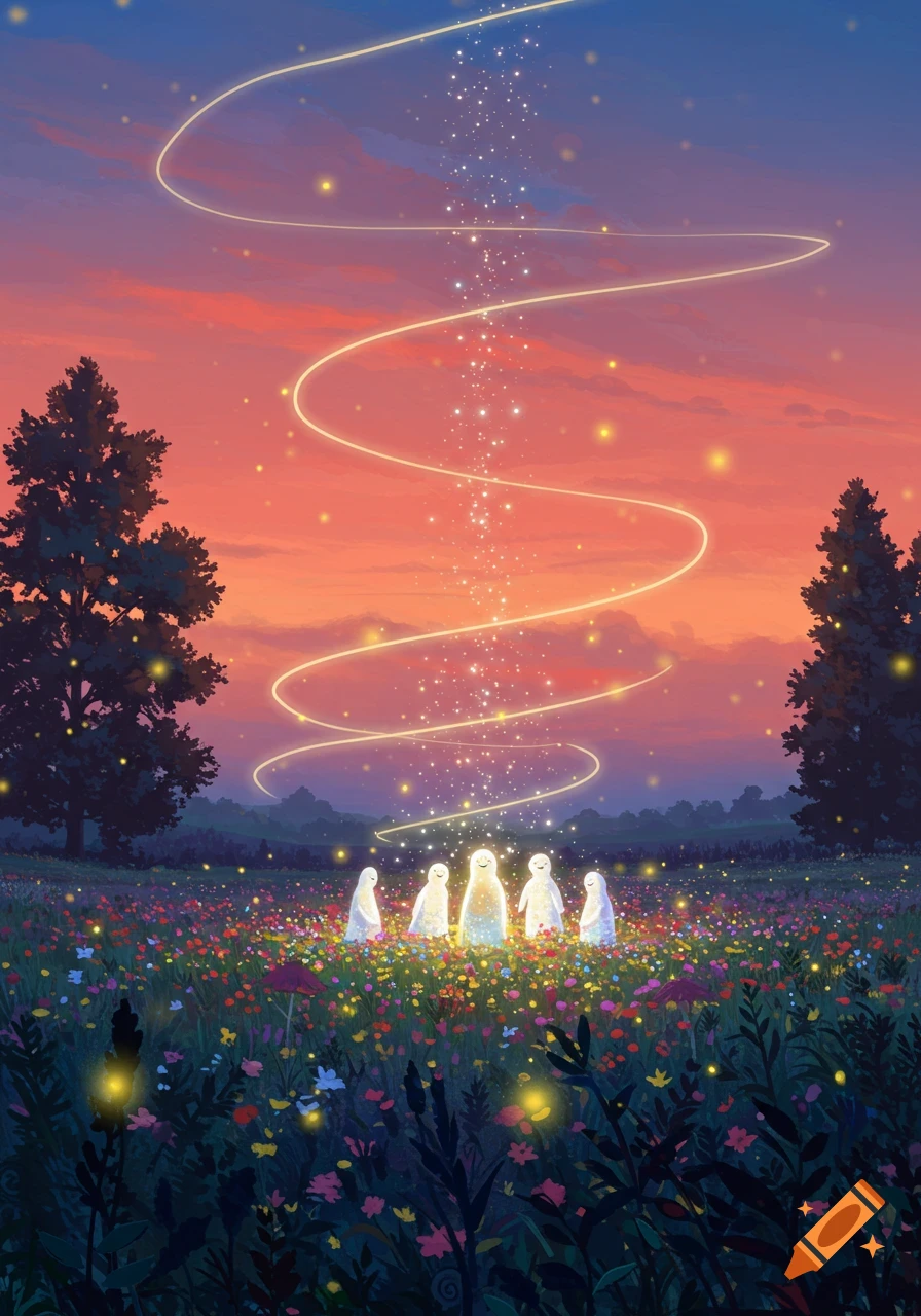 Glowing, smiling figures in a colorful wildflower field under a vibrant sunset with a spiral of light.