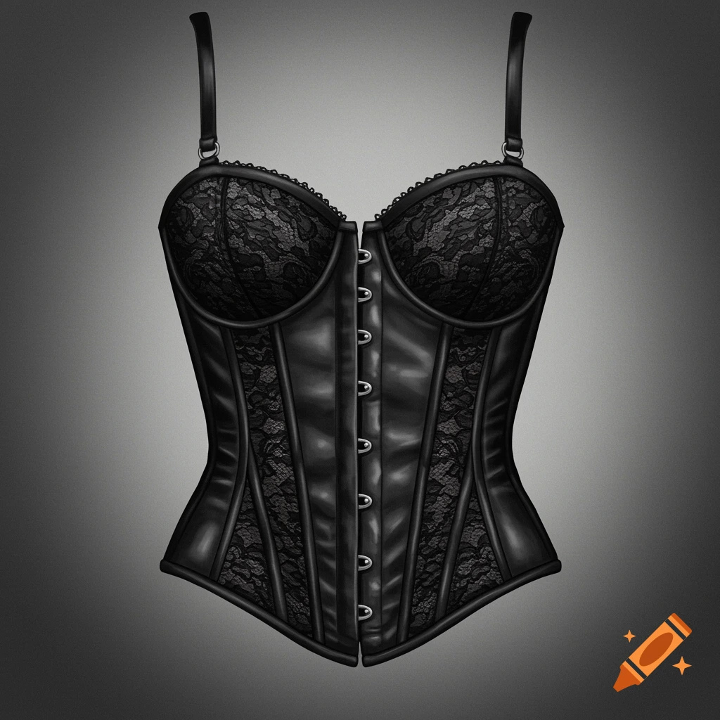 A detailed illustration of a black lace and leather corset top with silver hooks, centered on a gray gradient background.