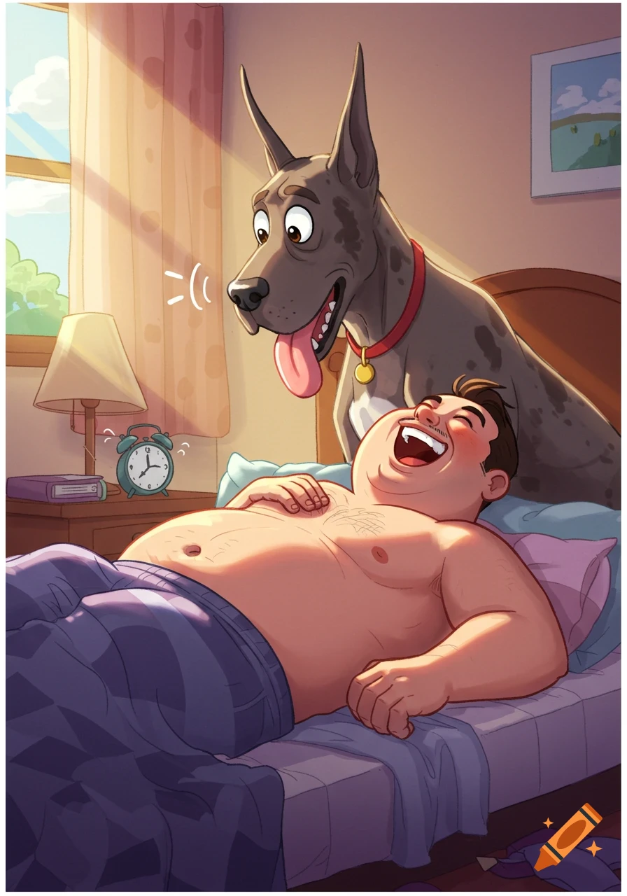 A vibrant cartoon depicting a chubby man laughing in bed as his Great Dane stands over him, seemingly waking him up.