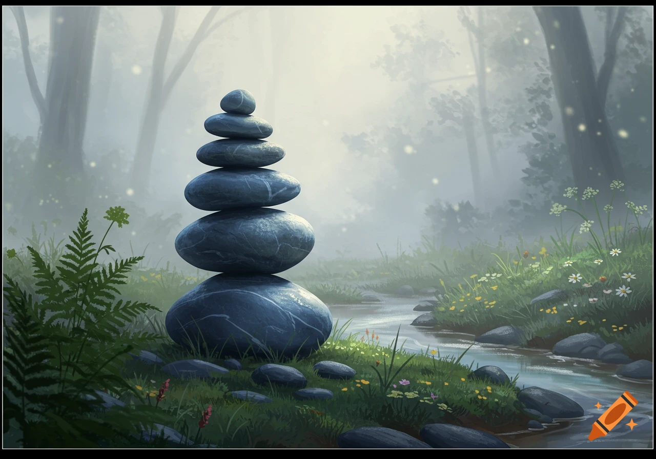 A painted image of a cairn of smooth stones on a grassy stream bank in a misty forest with wildflowers and glowing particles.
