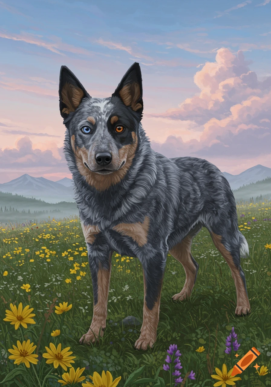 A blue heeler dog with heterochromia stands in a vibrant field of yellow and purple wildflowers under a pastel sky with mountains.
