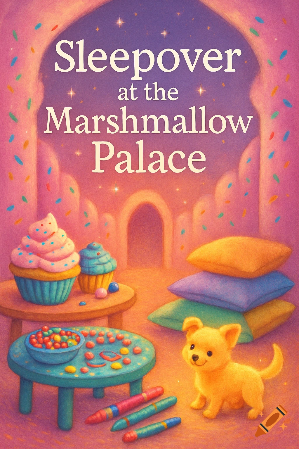 Whimsical illustration of a book cover titled "Sleepover at the Marshmallow Palace," featuring cupcakes, colorful pillows, art supplies, and a small yellow puppy in a magical, pastel palace.