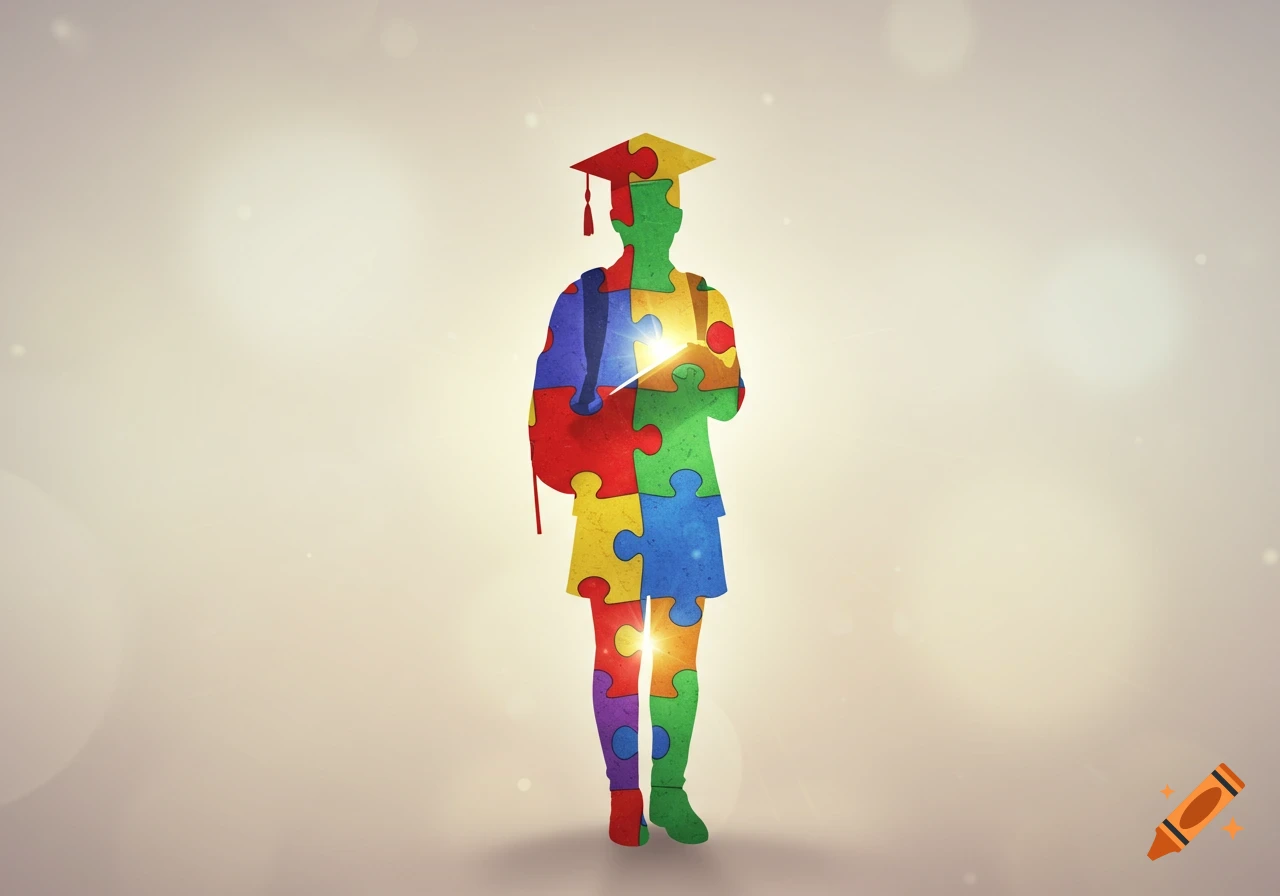 A colorful silhouette of a student wearing a graduation cap and carrying a backpack, composed of multi-colored puzzle pieces, against a light background.