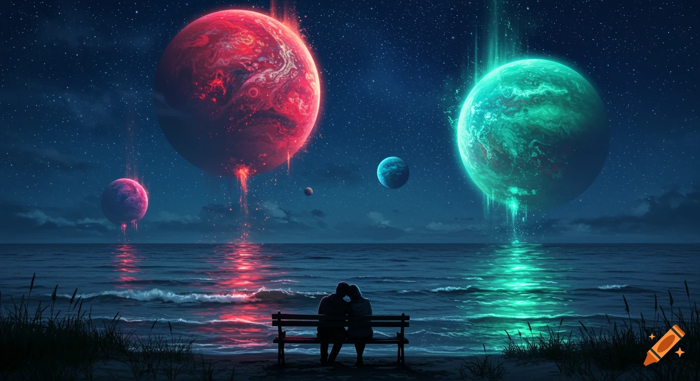 A couple sits on a bench by the ocean at night, silhouetted against a sky filled with large, colorful planets reflecting light onto the water.