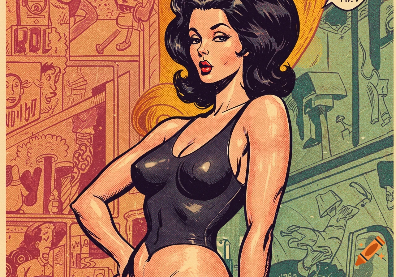 A stylized comic art illustration of a dark-haired woman in a black leotard against a vibrant, busy background of comic panels.