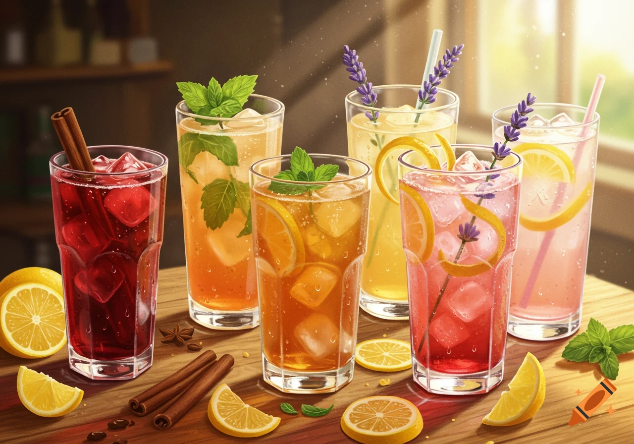 Multiple glasses of iced beverages in various colors with lemon, mint, and lavender on a wooden table.