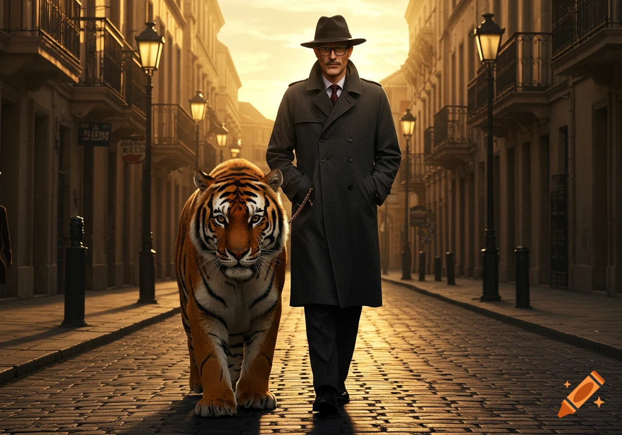 A man in a trench coat and fedora walks a tiger on a leash down a cobblestone street at sunset.