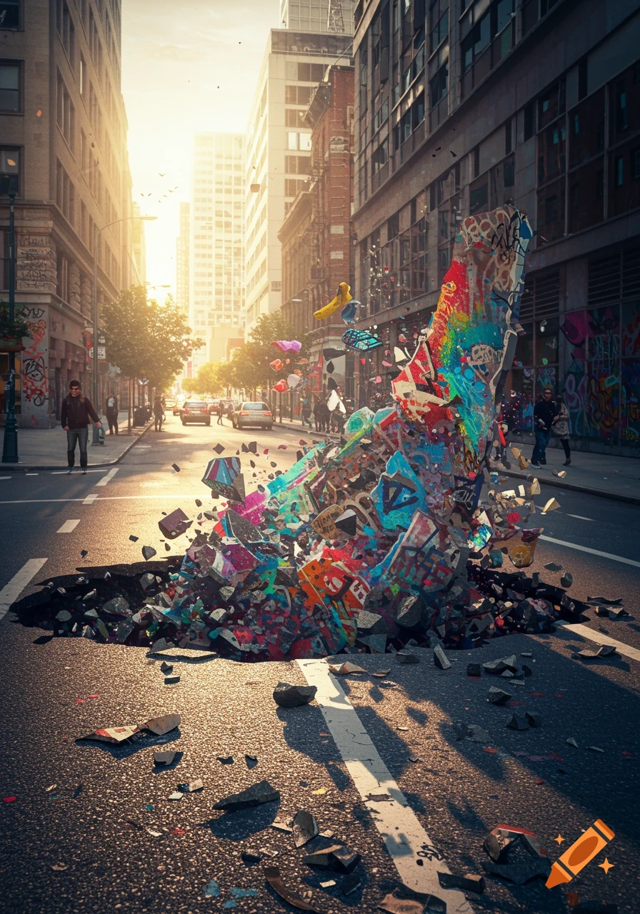 A photorealistic depiction of a colorful explosion of street art shattering a city street, creating a sinkhole with debris flying outwards at sunrise.