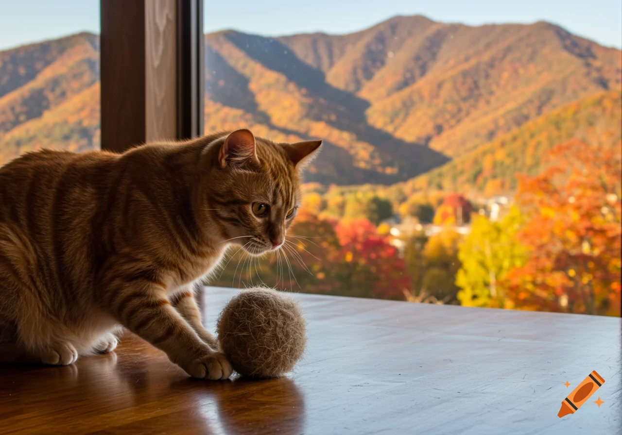 An orange tabby cat on a wooden table, paws at a ball of fur, with a large window revealing autumn mountains in the background.