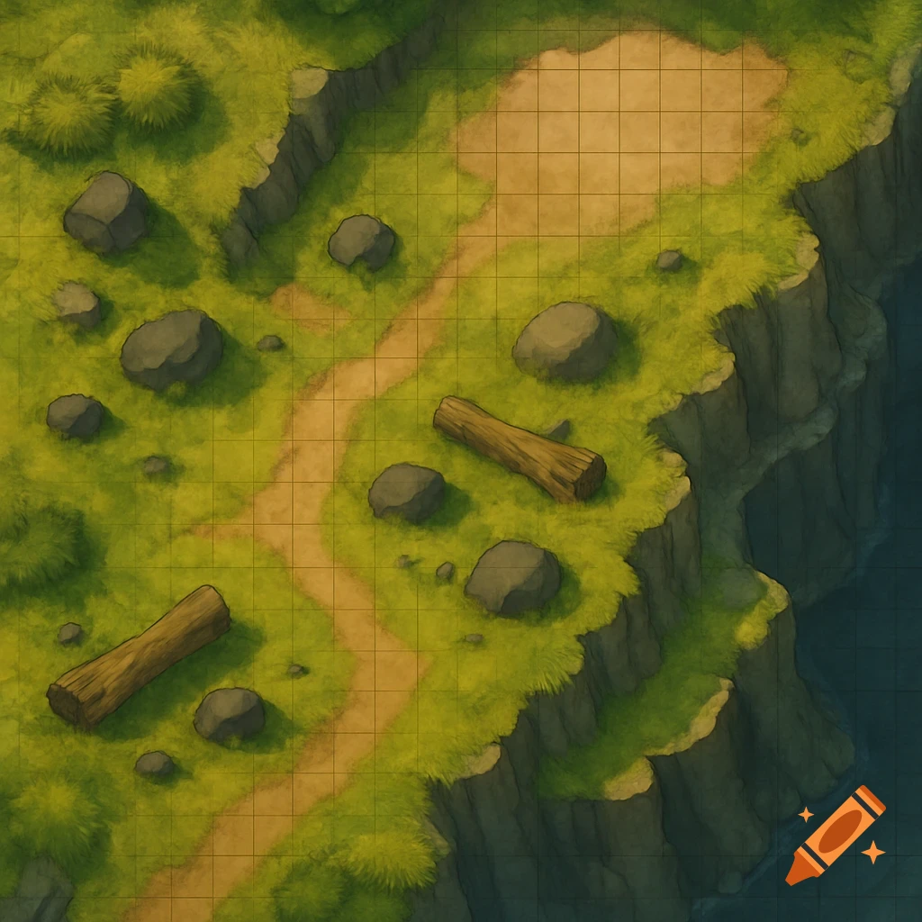 Top-down fantasy battlemap of a grassy cliffside with a dirt path, rocks, logs, and a grid.