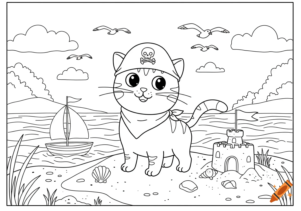 A cute cartoon cat pirate on a beach with a sailboat and sandcastle, in black and white line art.