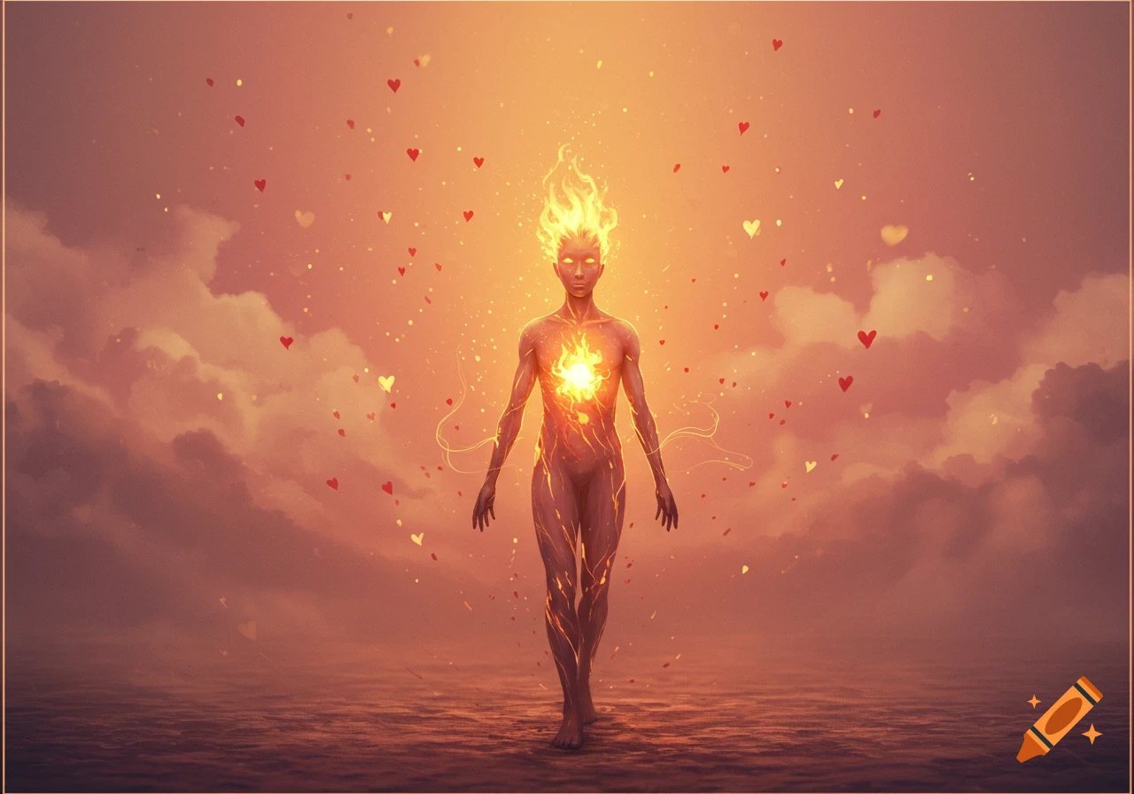 A stylized figure with a fiery head and chest, glowing with light, surrounded by floating hearts in an ethereal landscape.