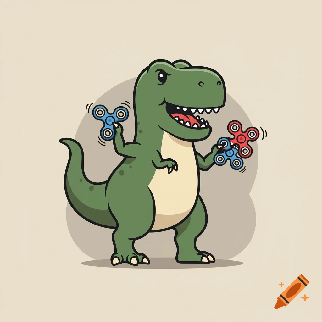 A cartoon T-Rex holding two fidget spinners, one blue and one red, in its small arms.