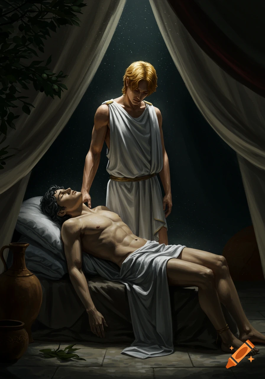 A classical digital painting depicts Achilles grieving over Patroclus's body inside a Greek tent, under a mournful light.