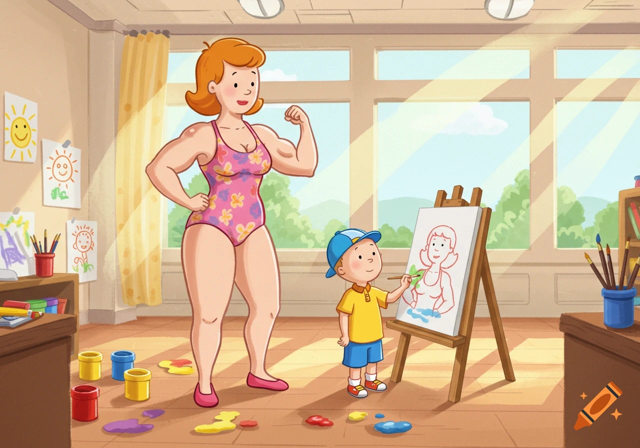 A strong, muscular cartoon mom in a pink swimsuit flexes her bicep while her young son paints her portrait on an easel in a bright art classroom.
