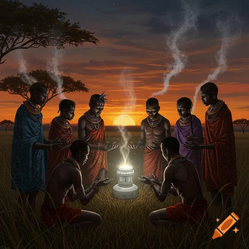 A group of tribal people in a savanna worship a glowing futuristic device at sunset.