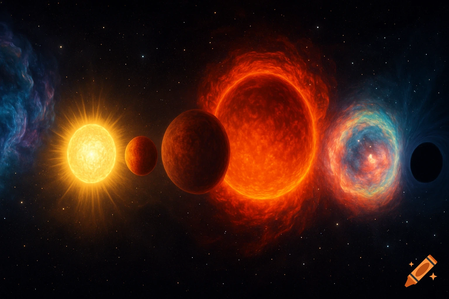 A bright yellow star, red planets, a large red giant star, colorful nebula, and a black hole aligned in deep space.