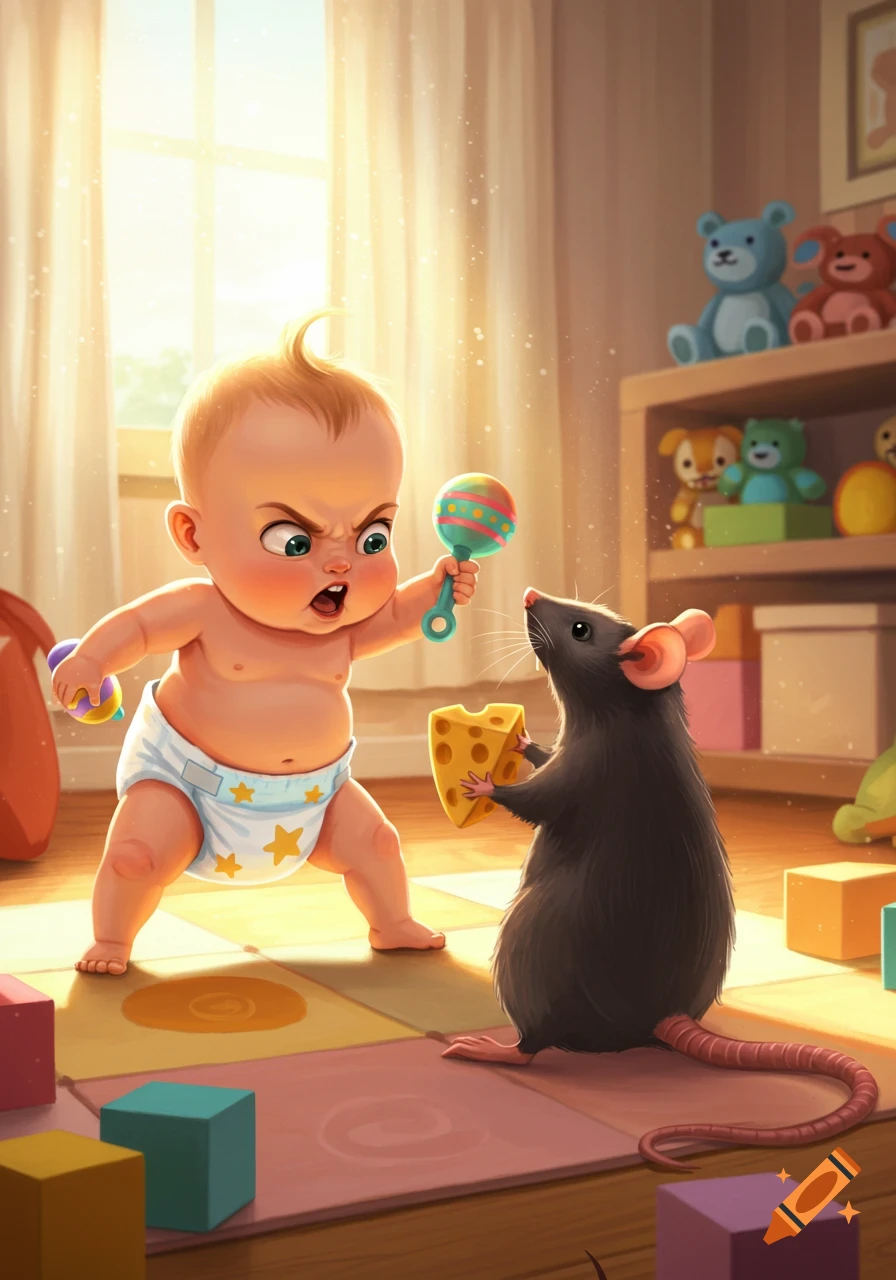 An angry cartoon baby in a diaper holds a rattle, confronting a rat holding cheese in a bright room with toys.