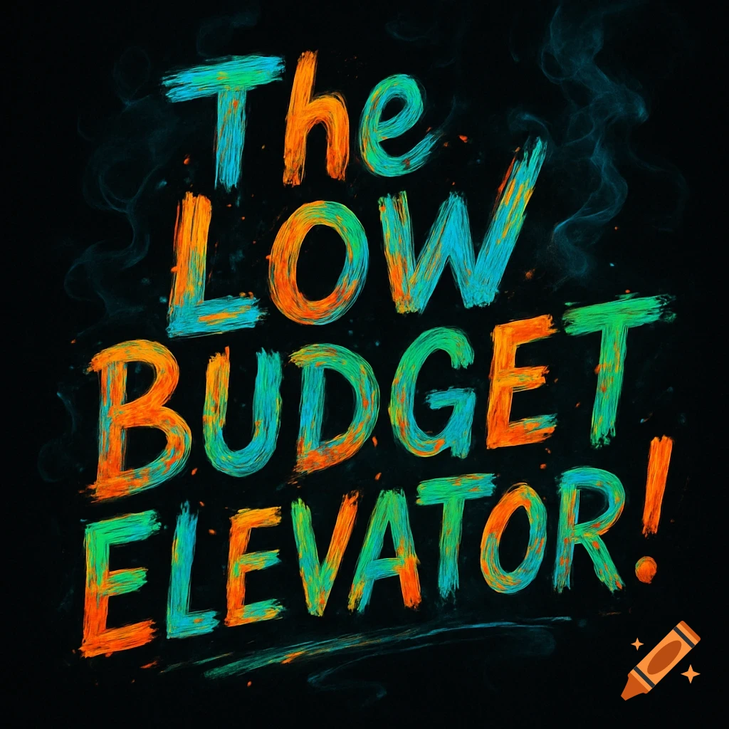 Colorful, brushstroke style text on a black background reads 'The Low Budget Elevator!'