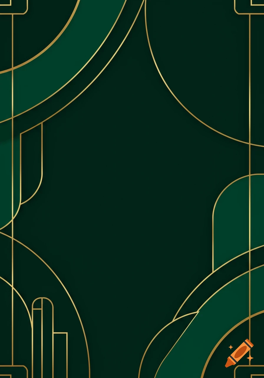 Art Deco emerald green background with gold geometric lines and curves.