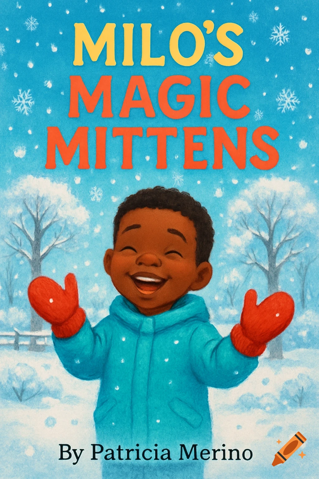 A cheerful African-American boy in a blue winter coat and red mittens smiles in a snowy park under falling snowflakes, with the book title "Milo's Magic Mittens" and author "By Patricia Merino" visible.
