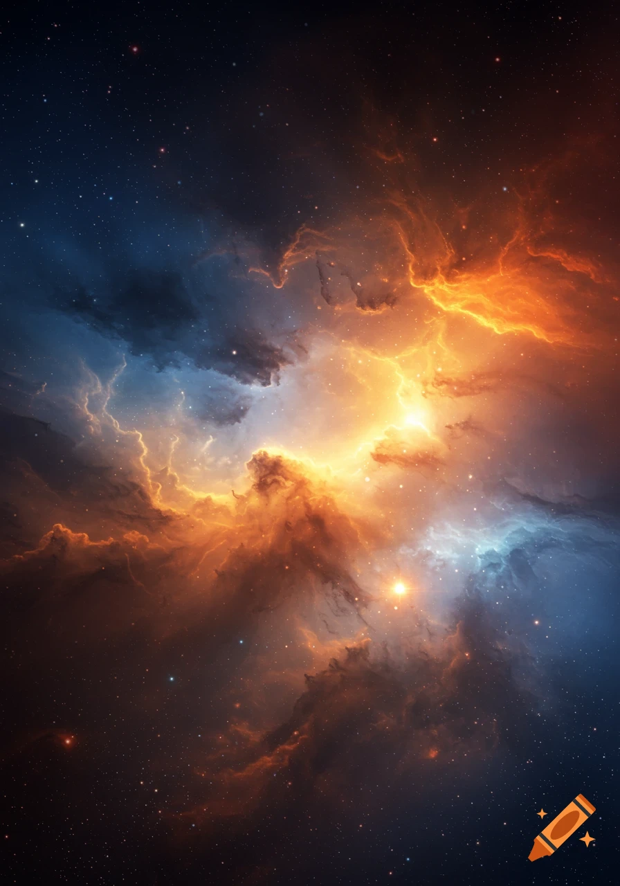 A vibrant nebula with orange, blue, and brown gases glowing in the vast dark expanse of space filled with stars.