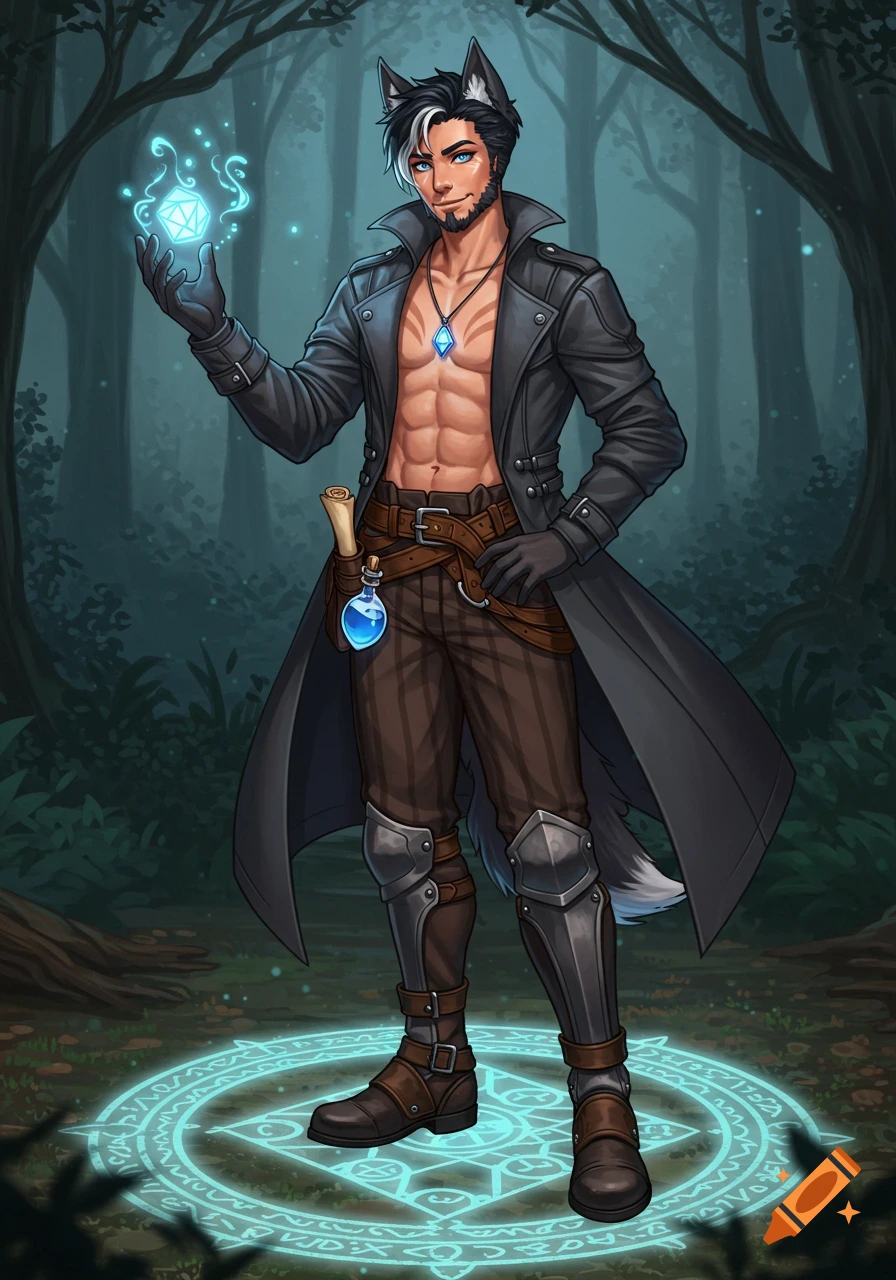 A confident male wolf-eared character in a trench coat stands in a mystical forest, holding a glowing blue die within a magical circle.